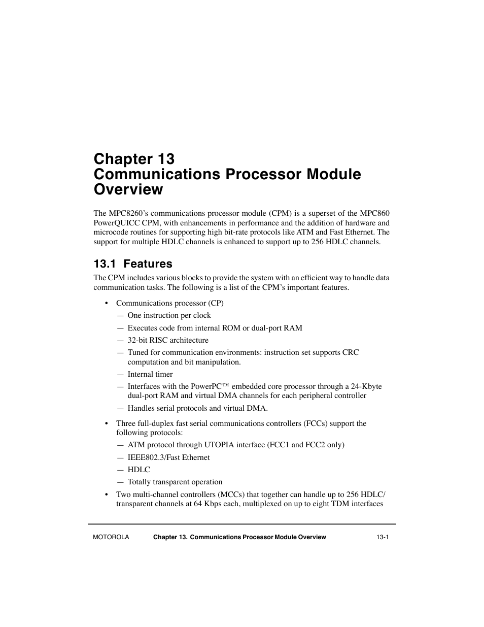 1 features, Chapter 13, Communications processor module overview | Features -1 | Motorola MPC8260 User Manual | Page 431 / 1006