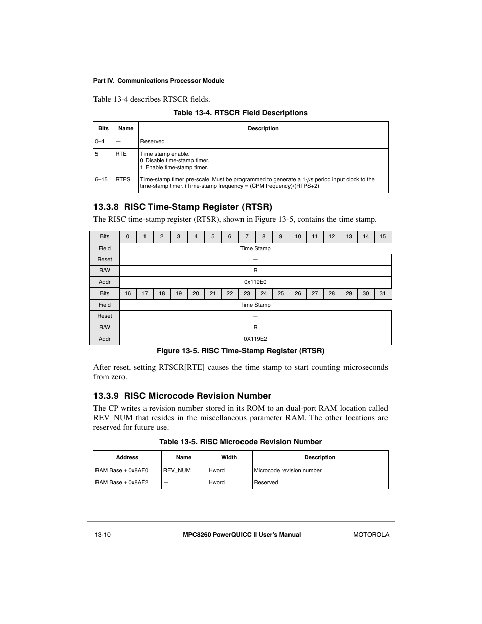 8 risc time-stamp register (rtsr), 9 risc microcode revision number, Risc time-stamp register (rtsr) -10 | Risc microcode revision number -10, Rtscr field descriptions -10, Table 13-4 describes r tscr þelds | Motorola MPC8260 User Manual | Page 440 / 1006