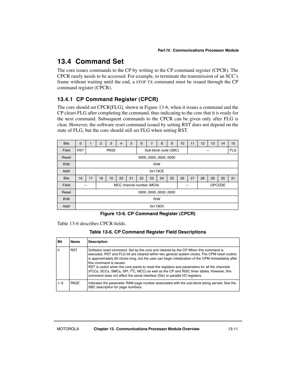 4 command set, 1 cp command register (cpcr), Command set -11 | Cp command register (cpcr) -11, Cp command register field descriptions -11 | Motorola MPC8260 User Manual | Page 441 / 1006