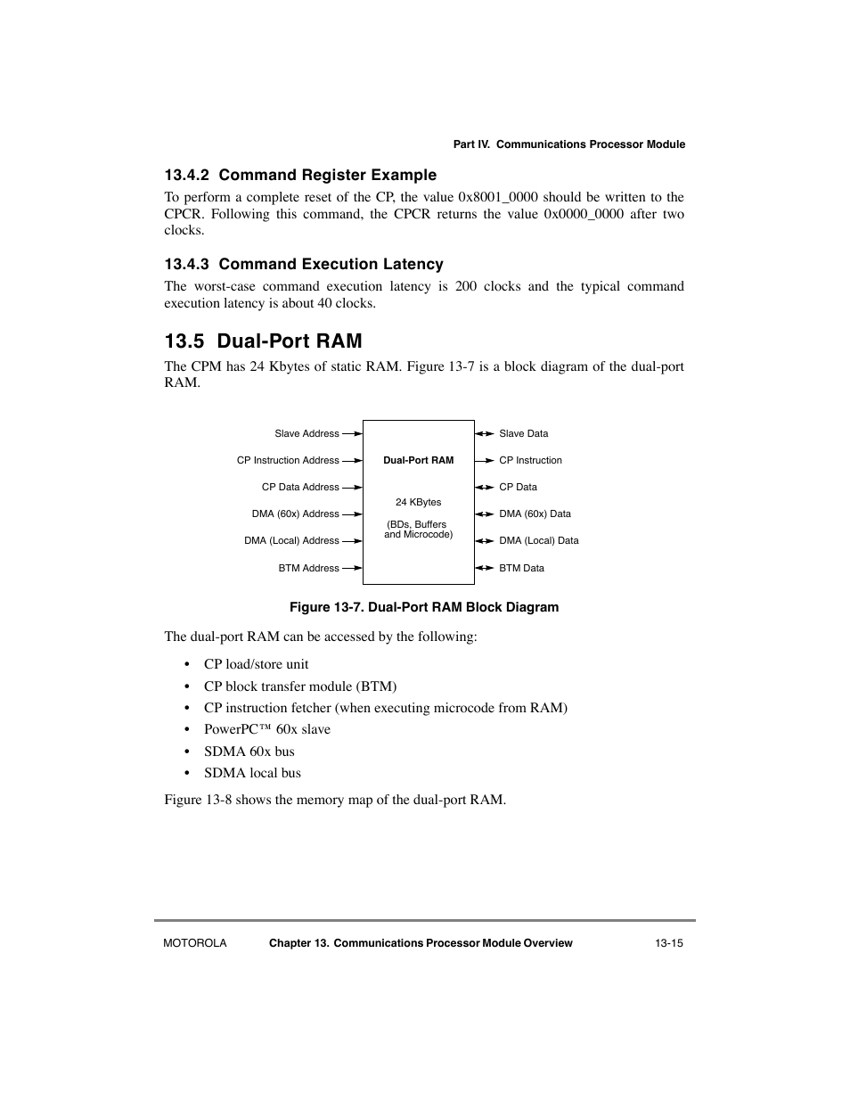 2 command register example, 3 command execution latency, 5 dual-port ram | Command register example -15, Command execution latency -15, Dual-port ram -15, Dual-port ram block diagram -15 | Motorola MPC8260 User Manual | Page 445 / 1006