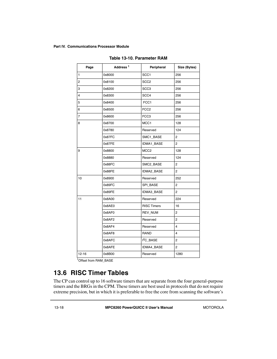 6 risc timer tables, Risc timer tables -18, Parameter ram -18 | See rand in table 13-10, Wn in table 13-10 | Motorola MPC8260 User Manual | Page 448 / 1006