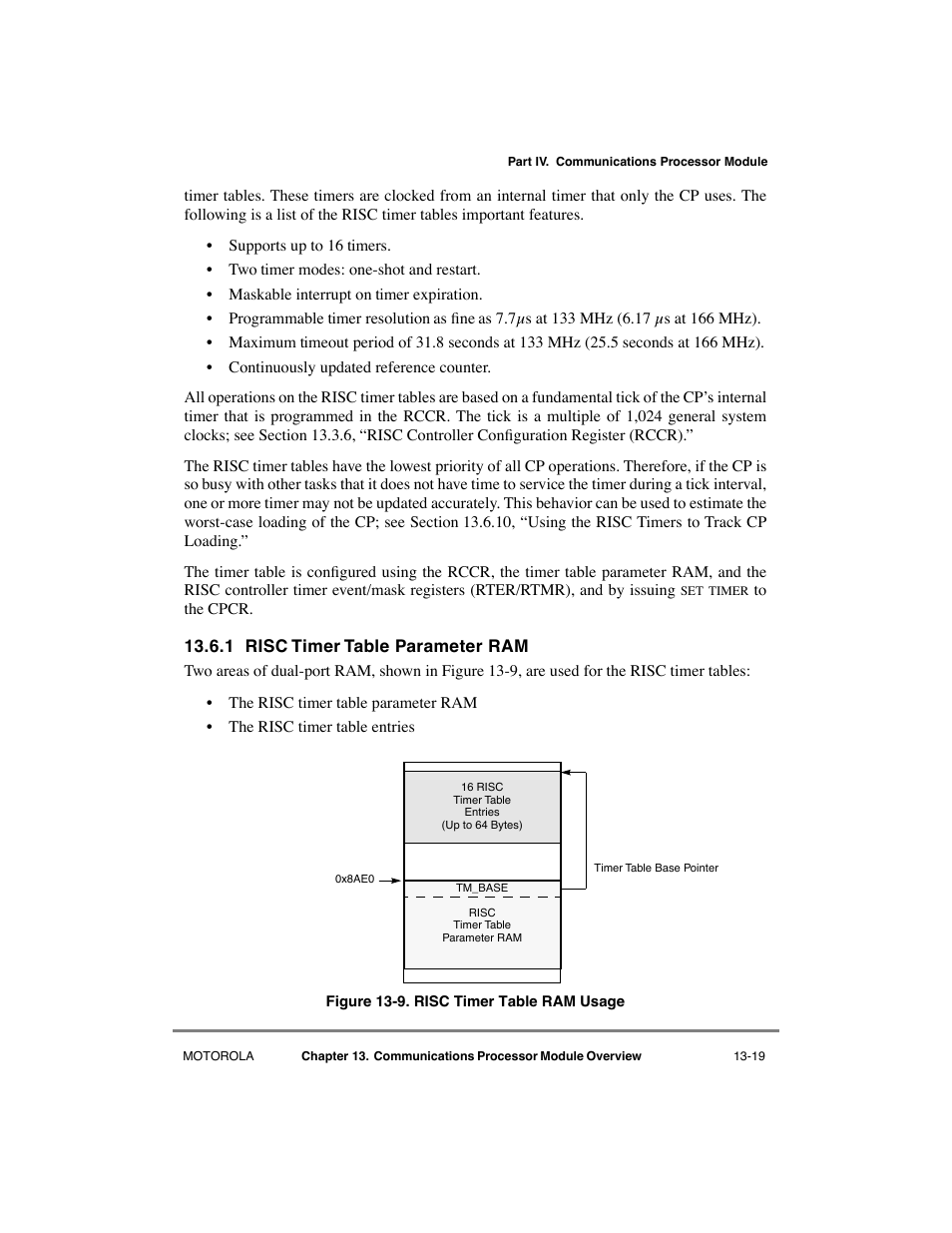 1 risc timer table parameter ram, Risc timer table parameter ram -19, Risc timer table ram usage -19 | Motorola MPC8260 User Manual | Page 449 / 1006