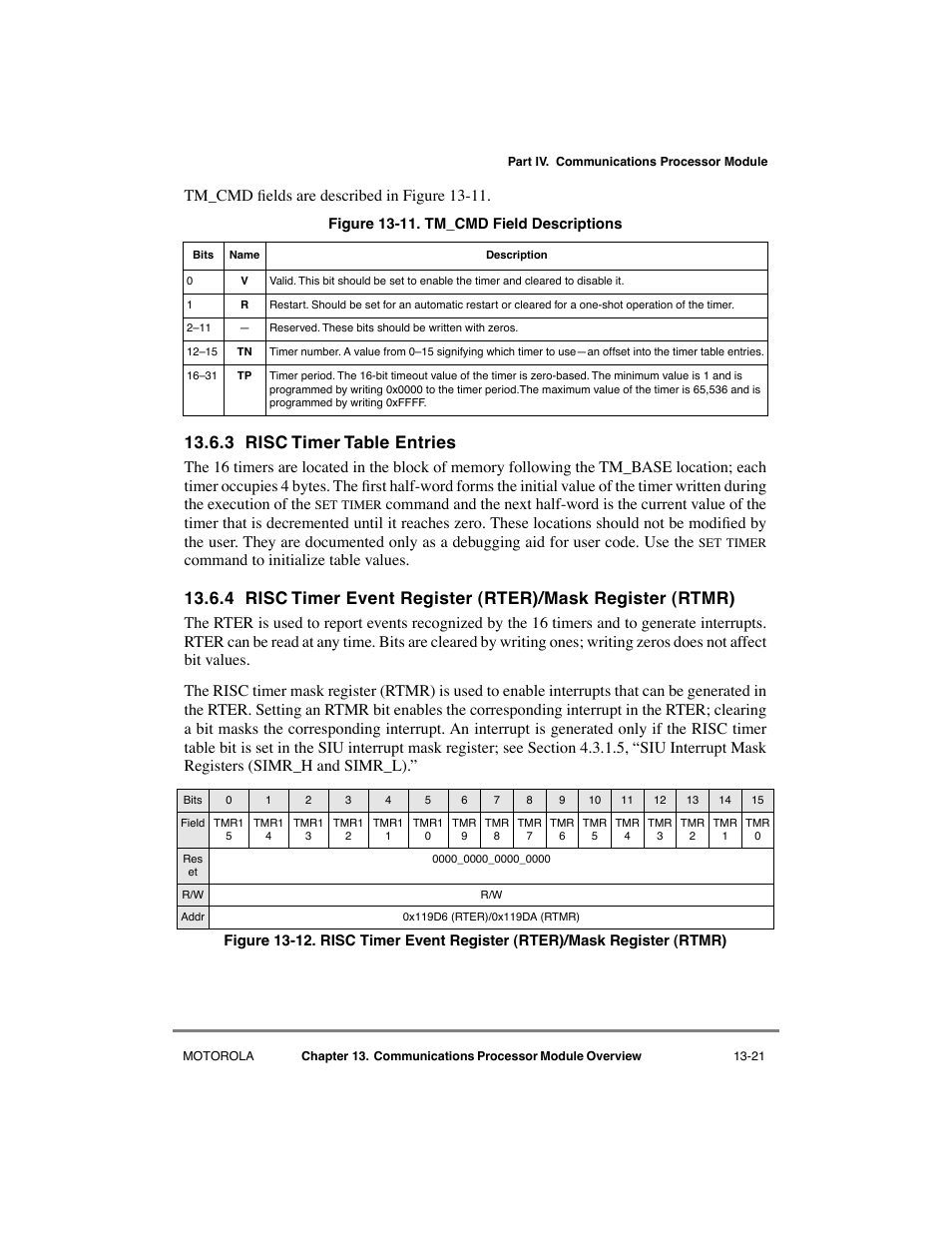 3 risc timer table entries, Risc timer table entries -21, Tm_cmd field descriptions -21 | Tm_cmd þelds are described in figure 13-11, Command to initialize table values | Motorola MPC8260 User Manual | Page 451 / 1006