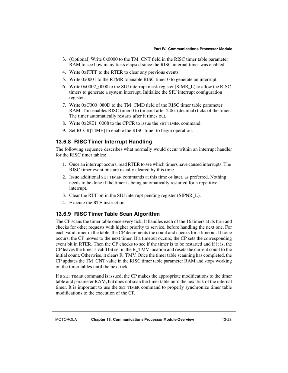8 risc timer interrupt handling, 9 risc timer table scan algorithm, Risc timer interrupt handling -23 | Risc timer table scan algorithm -23 | Motorola MPC8260 User Manual | Page 453 / 1006
