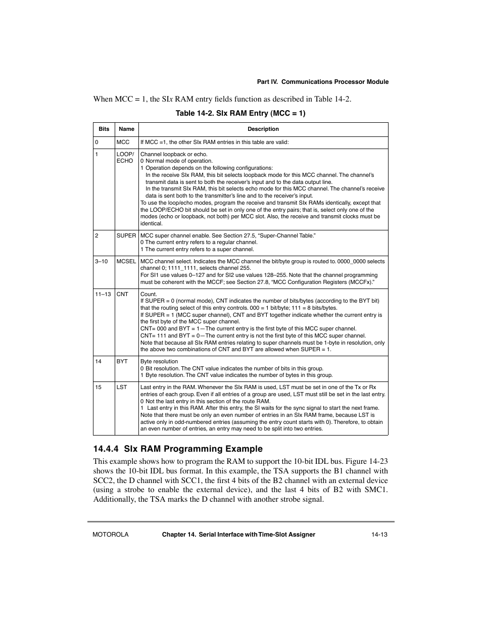 4 six ram programming example, Six ram programming example -13, Six ram entry (mcc = 1) -13 | 4 si x ram programming example | Motorola MPC8260 User Manual | Page 467 / 1006