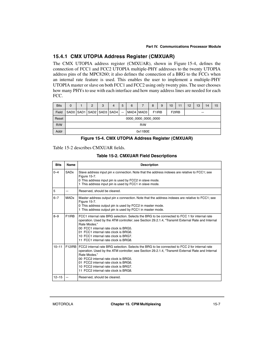 1 cmx utopia address register (cmxuar), Cmx utopia address register (cmxuar) -7, Cmxuar field descriptions -7 | Motorola MPC8260 User Manual | Page 497 / 1006