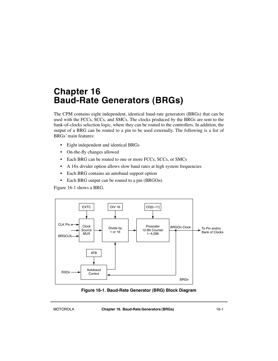 Chapter16 baud-rate generators (brgs), Chapter 16, Baud-rate generators (brgs) | Baud-rate generator (brg) block diagram -1, Chapter 16, òbaud-rate generators (brgs), Chapter 16 baud-rate generators (brgs) | Motorola MPC8260 User Manual | Page 509 / 1006