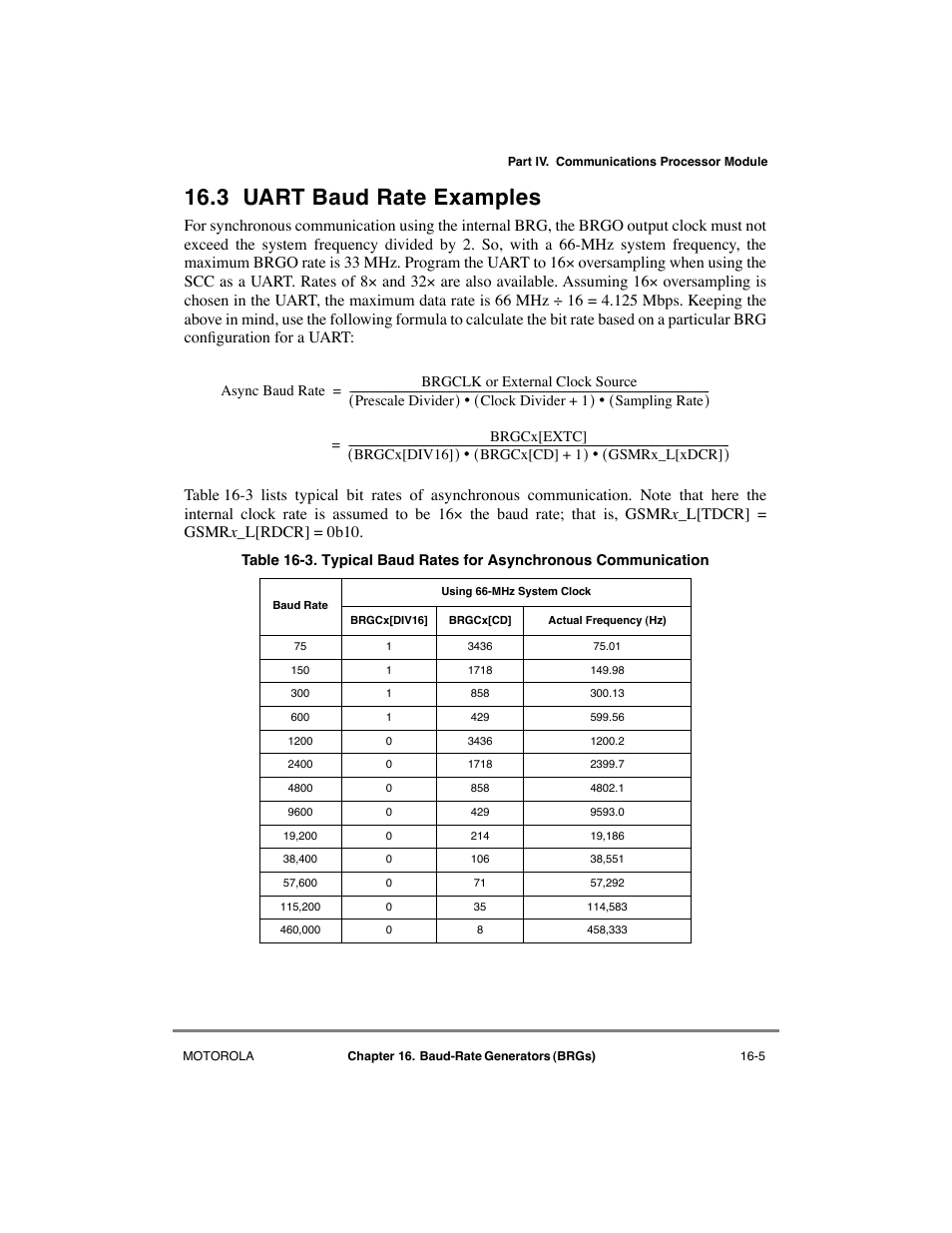 3 uart baud rate examples, Uart baud rate examples -5, Section 16.3, òuart baud rate examples | Motorola MPC8260 User Manual | Page 513 / 1006