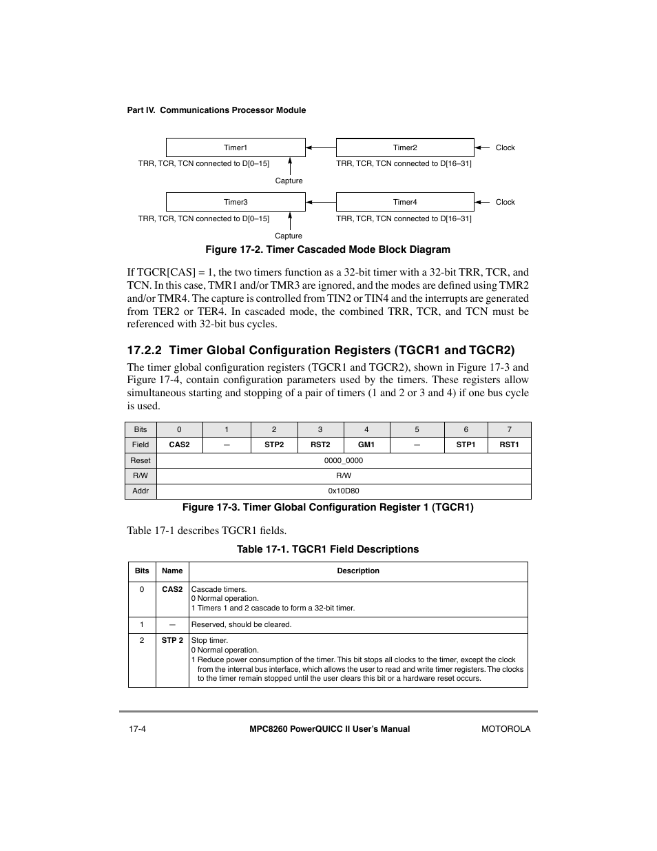 Timer cascaded mode block diagram -4, Timer global configuration register 1 (tgcr1) -4, Tgcr1 field descriptions -4 | Motorola MPC8260 User Manual | Page 518 / 1006