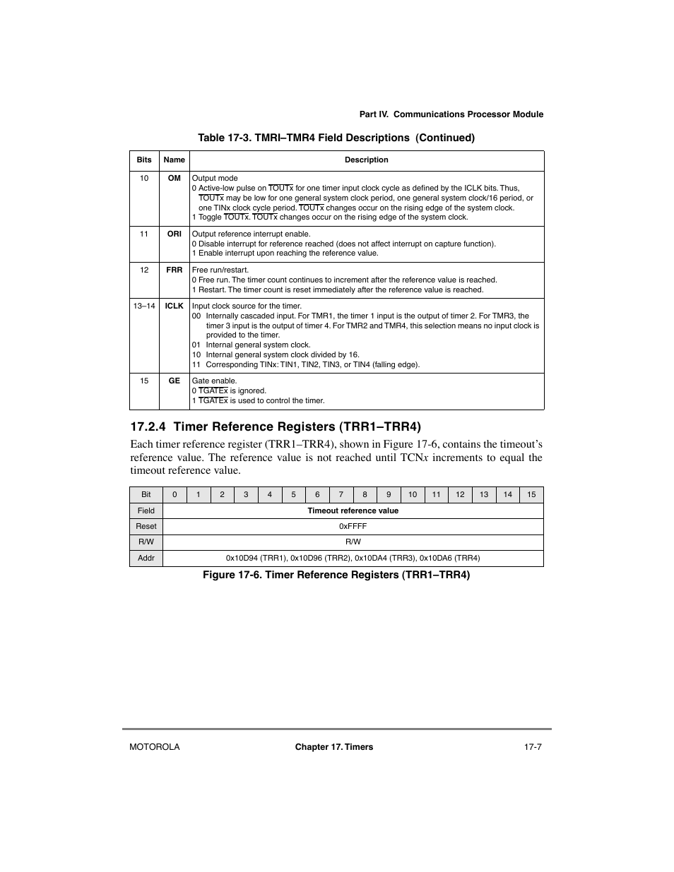 4 timer reference registers (trr1–trr4), Timer reference registers (trr1ðtrr4) -7, 4 timer reference registers (trr1ðtrr4) | Motorola MPC8260 User Manual | Page 521 / 1006