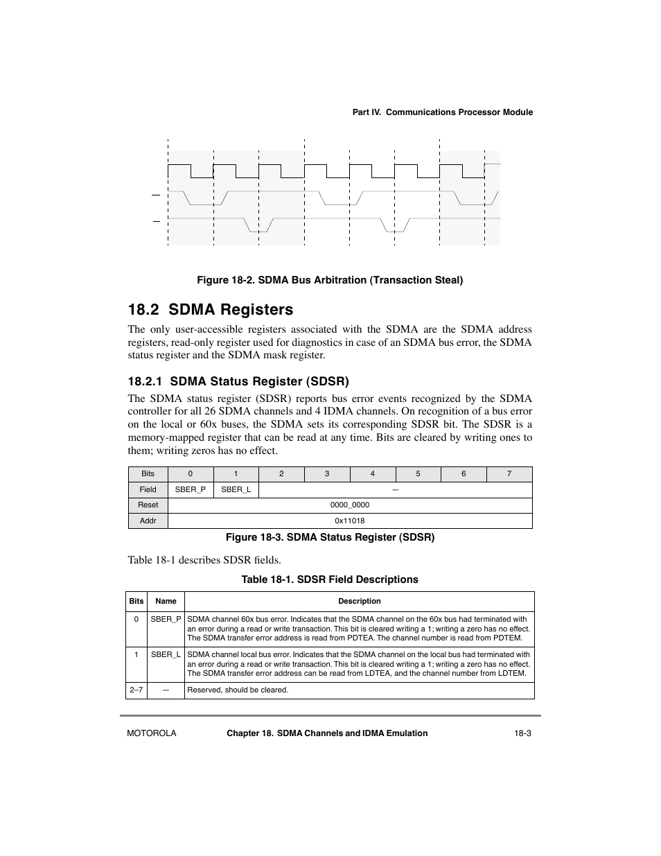 2 sdma registers, 1 sdma status register (sdsr), Sdma registers -3 | Sdma status register (sdsr) -3, Sdma bus arbitration (transaction steal) -3, Sdsr field descriptions -3, Gister (cpcr). see section 18.2, òsdma registers, Figure 18-2 sho | Motorola MPC8260 User Manual | Page 527 / 1006