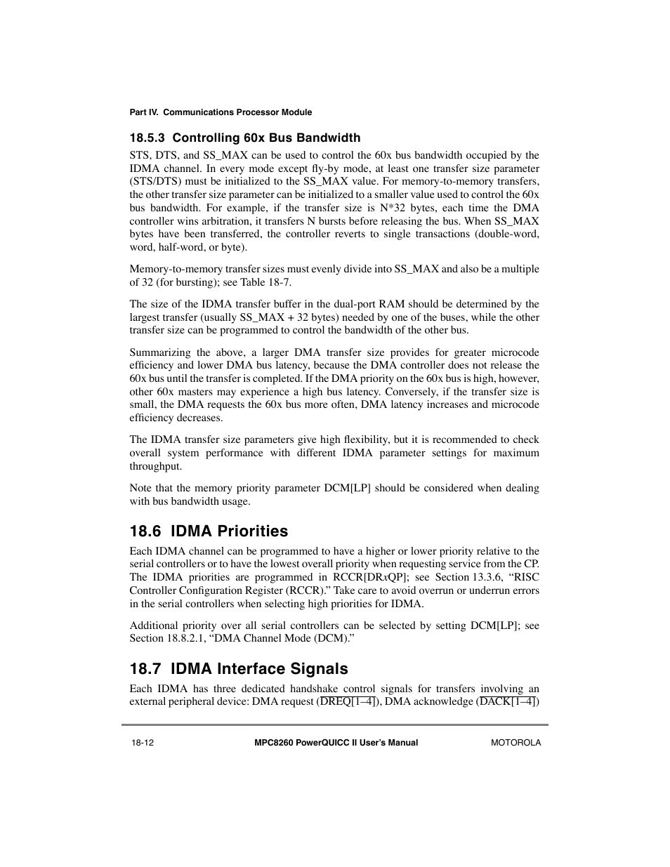 3 controlling 60x bus bandwidth, 6 idma priorities, 7 idma interface signals | Controlling 60x bus bandwidth -12, Idma priorities -12, Idma interface signals -12, See section 18.7, òidma interface signals | Motorola MPC8260 User Manual | Page 536 / 1006