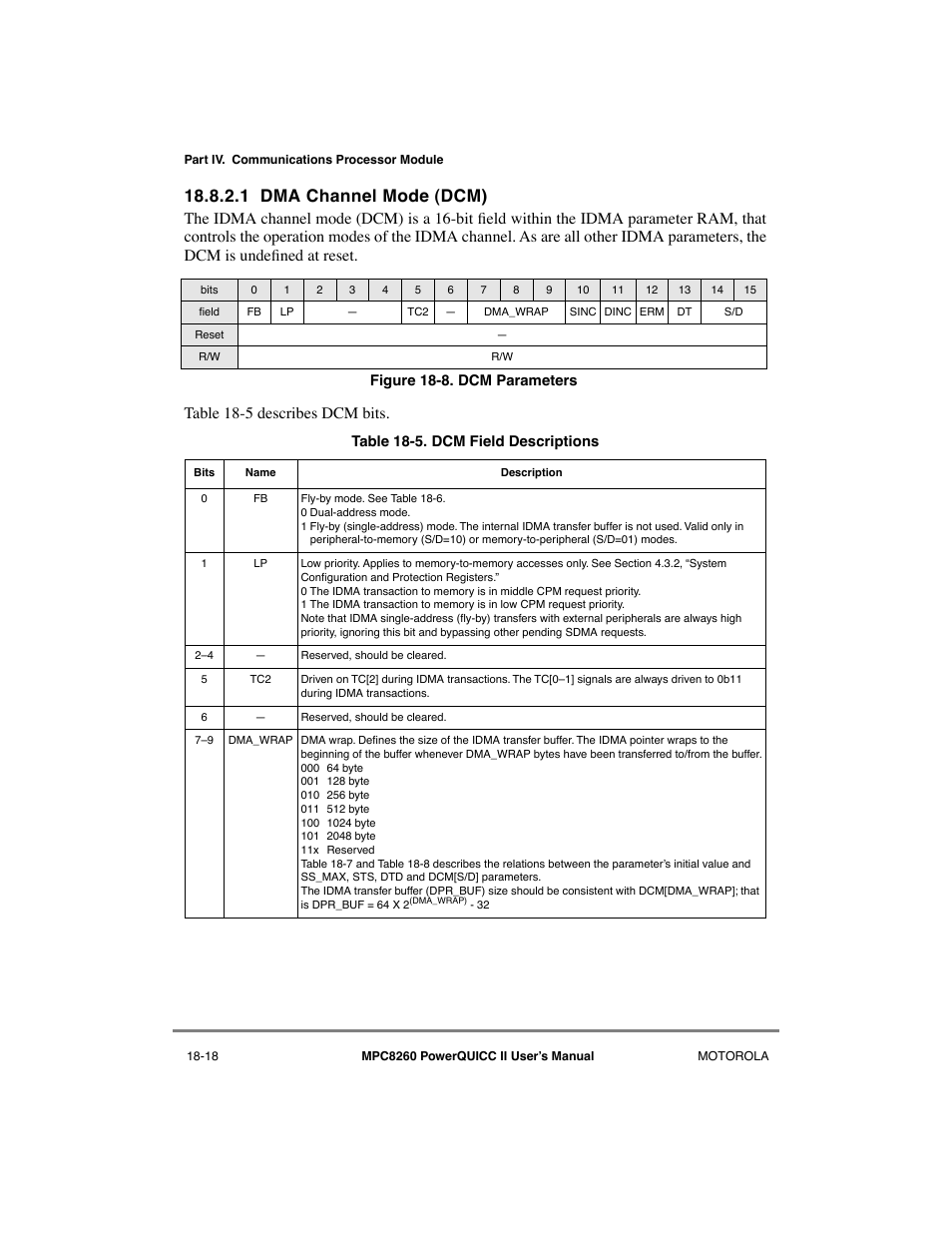 1 dma channel mode (dcm), Dma channel mode (dcm) -18, Dcm parameters -18 | Dcm field descriptions -18, See section 18.8.2.1, òdma channel mode (dcm) | Motorola MPC8260 User Manual | Page 542 / 1006