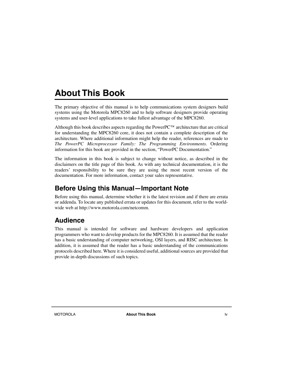 About this book, Before using this manual—important note, Audience | Motorola MPC8260 User Manual | Page 55 / 1006