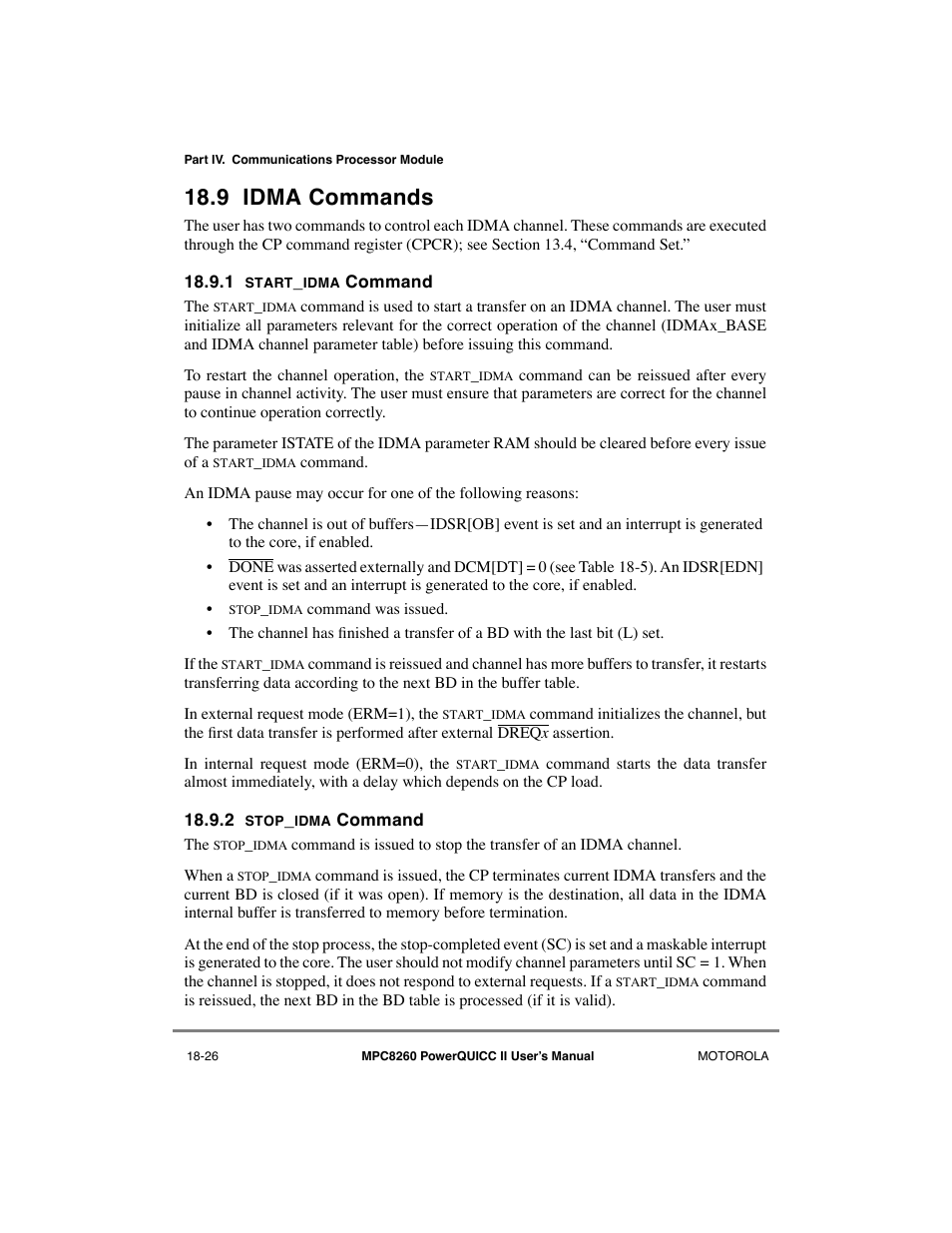 9 idma commands, 1 start_idma command, 2 stop_idma command | Idma commands -26, Start_idma command -26, Stop_idma command -26, See section 18.9, òidma commands | Motorola MPC8260 User Manual | Page 550 / 1006