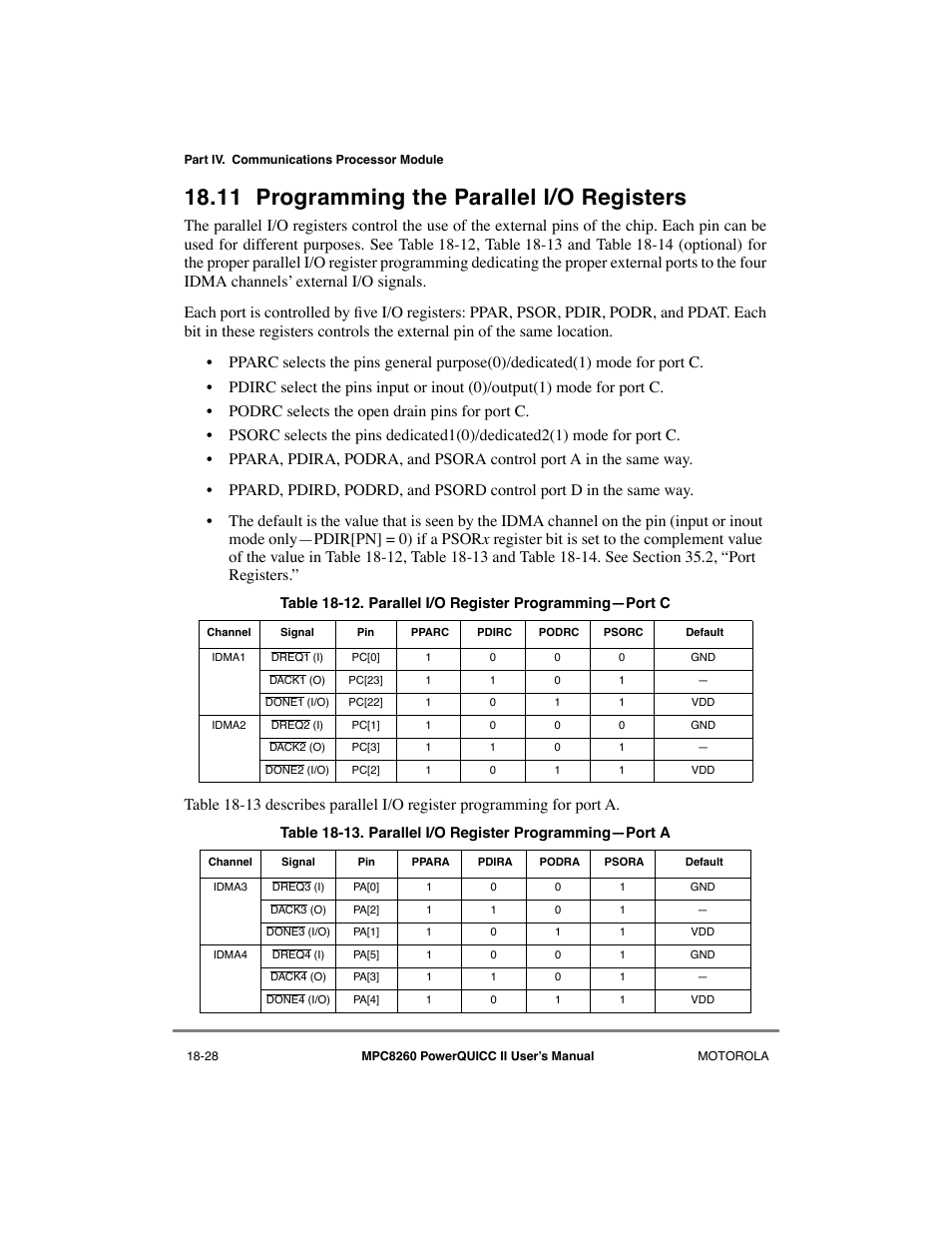 11 programming the parallel i/o registers, Programming the parallel i/o registers -28, Parallel i/o register programmingñport c -28 | Receiver sync pattern lengths of the dsr -9 | Motorola MPC8260 User Manual | Page 552 / 1006