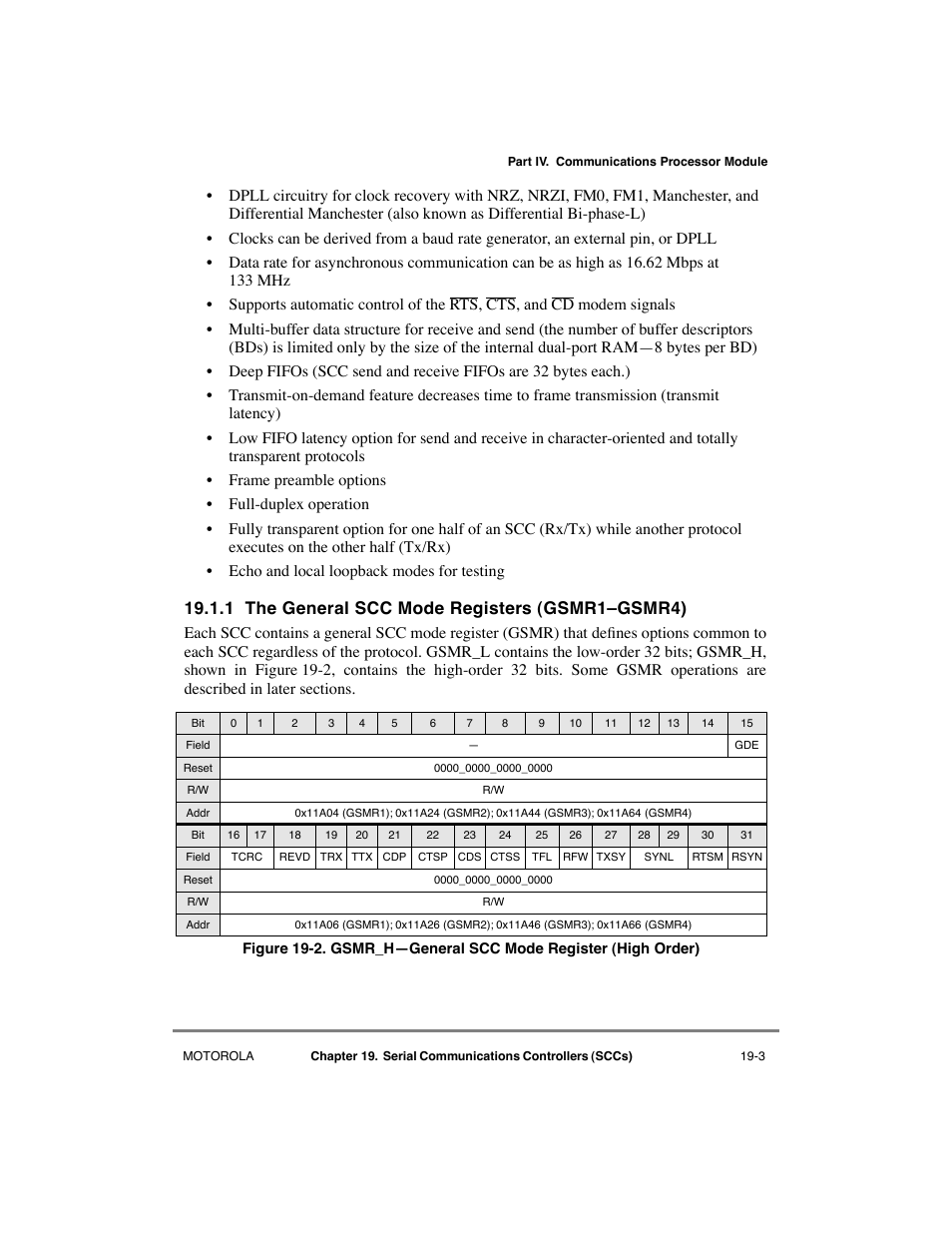 1 the general scc mode registers (gsmr1–gsmr4), The general scc mode registers (gsmr1ðgsmr4) -3, Gsmr_hñgeneral scc mode register (high order) -3 | 1 the general scc mode registers (gsmr1ðgsmr4) | Motorola MPC8260 User Manual | Page 559 / 1006