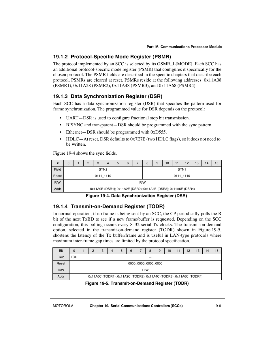 2 protocol-specific mode register (psmr), 3 data synchronization register (dsr), 4 transmit-on-demand register (todr) | Protocol-specific mode register (psmr) -9, Data synchronization register (dsr) -9, Transmit-on-demand register (todr) -9, 2 protocol-speciþc mode register (psmr) | Motorola MPC8260 User Manual | Page 565 / 1006