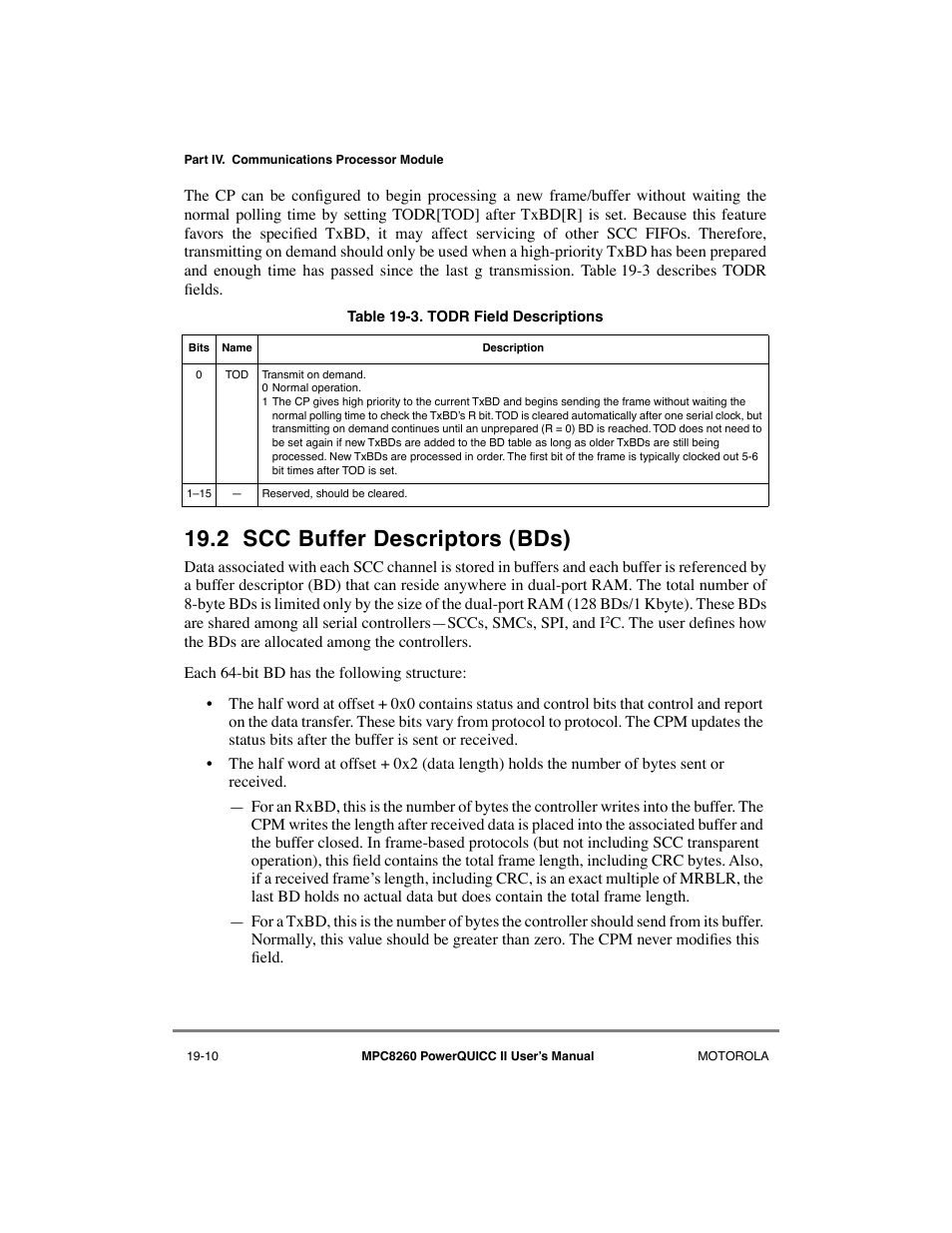 2 scc buffer descriptors (bds), Scc buffer descriptors (bds) -10, Todr field descriptions -10 | Motorola MPC8260 User Manual | Page 566 / 1006
