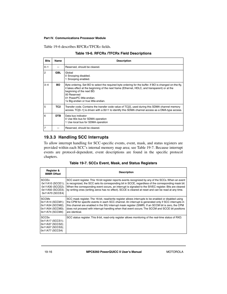 3 handling scc interrupts, Handling scc interrupts -16, Rfcrx /tfcrx field descriptions -16 | Sccx event, mask, and status registers -16, Table 19-6 describes rfcr x /tfcr x þelds | Motorola MPC8260 User Manual | Page 572 / 1006
