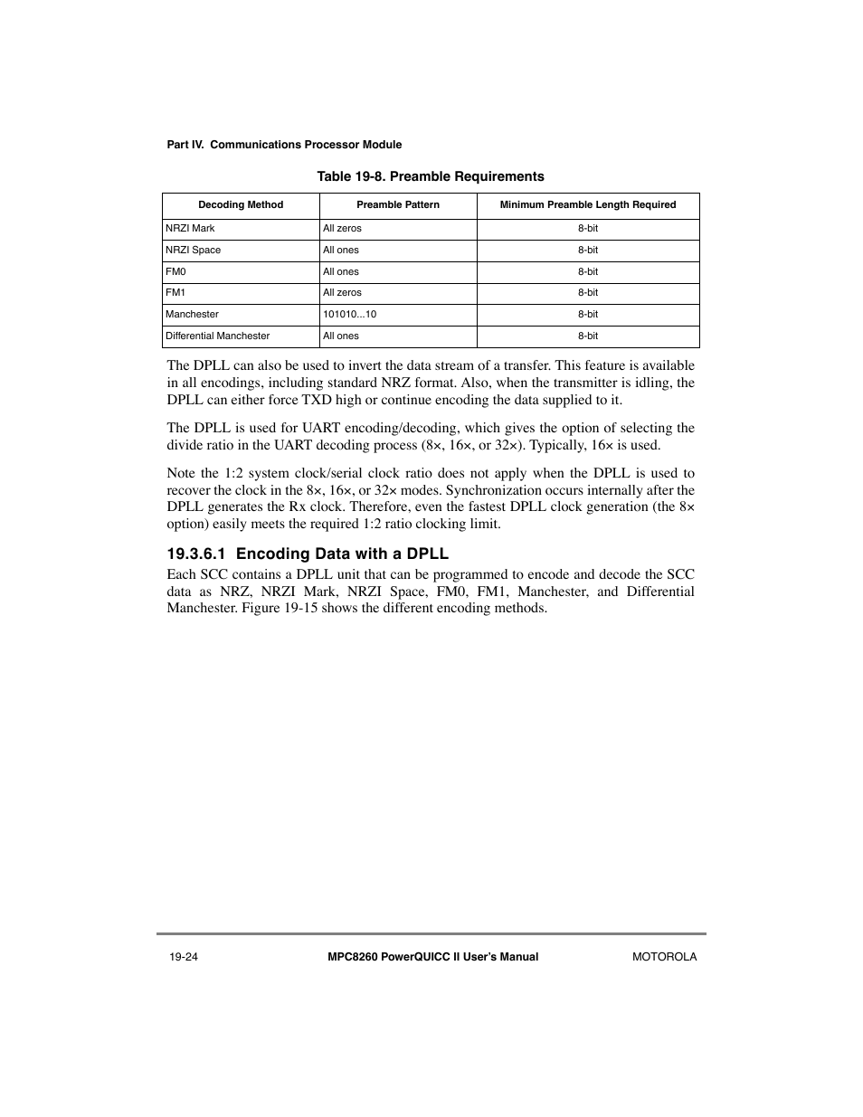 1 encoding data with a dpll, Encoding data with a dpll -24, Preamble requirements -24 | Motorola MPC8260 User Manual | Page 580 / 1006