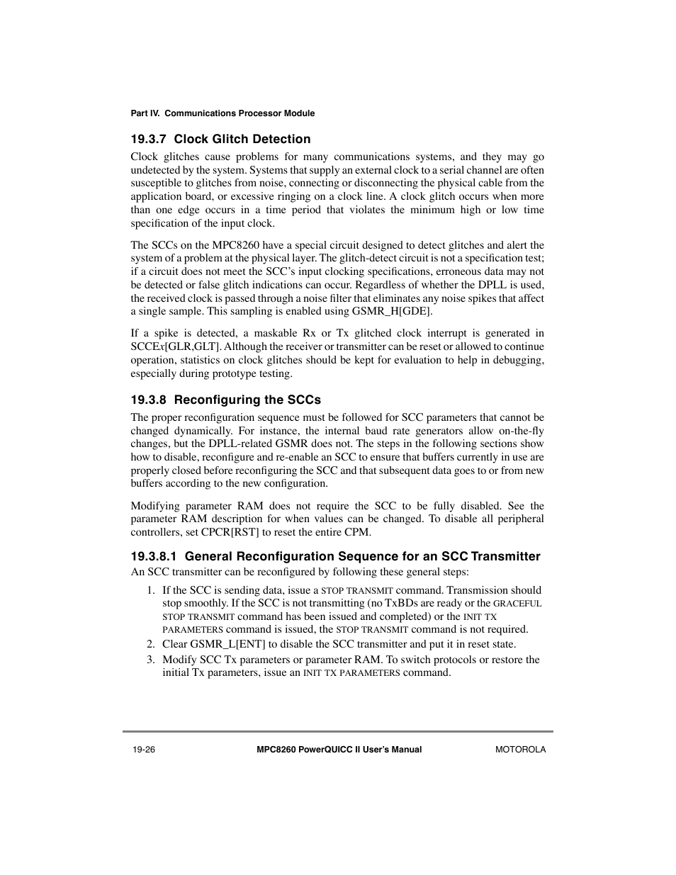 7 clock glitch detection, 8 reconfiguring the sccs, Clock glitch detection -26 | Reconfiguring the sccs -26, Section 19.3.8, òreconþguring the sccs, See section 19.3.8, òreconþguring the sccs | Motorola MPC8260 User Manual | Page 582 / 1006