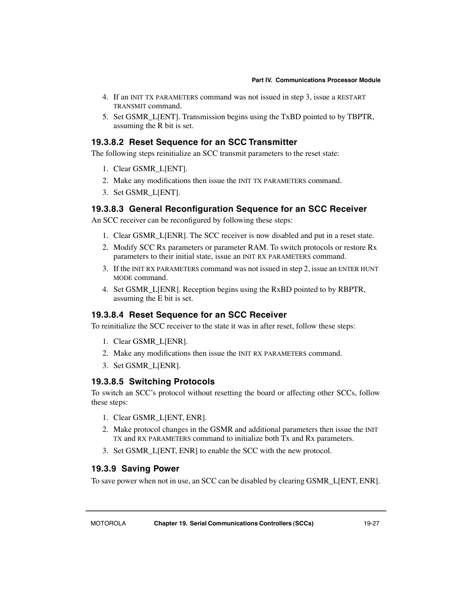 2 reset sequence for an scc transmitter, 4 reset sequence for an scc receiver, 5 switching protocols | 9 saving power, Reset sequence for an scc transmitter -27, Reset sequence for an scc receiver -27, Switching protocols -27, Saving power -27 | Motorola MPC8260 User Manual | Page 583 / 1006