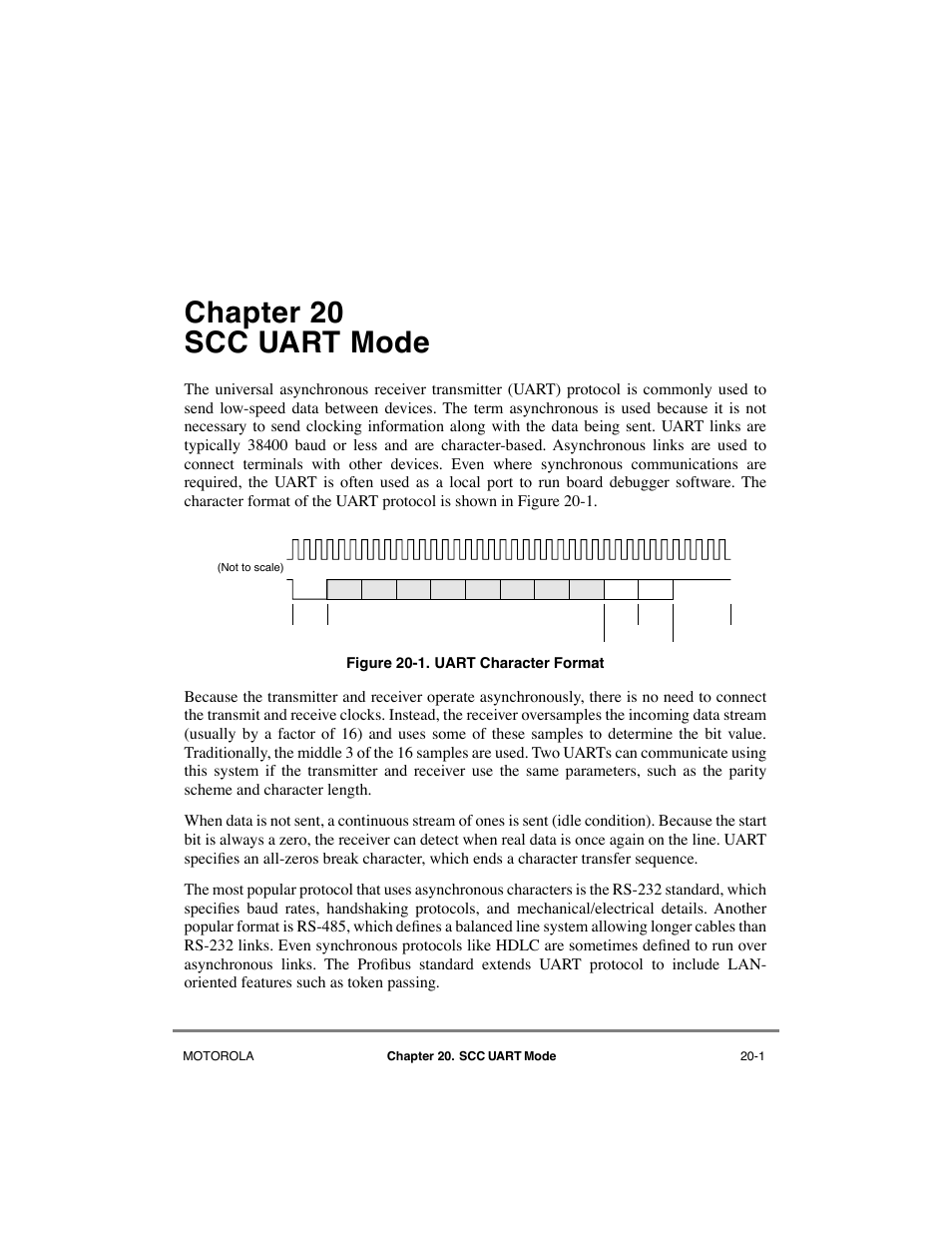 Chapter20 scc uart mode, Chapter 20, Scc uart mode | Uart character format -1, Chapter 20, òscc uart mode, Described in chapter 20, òscc uart mode, Chapter 20 scc uart mode | Motorola MPC8260 User Manual | Page 585 / 1006