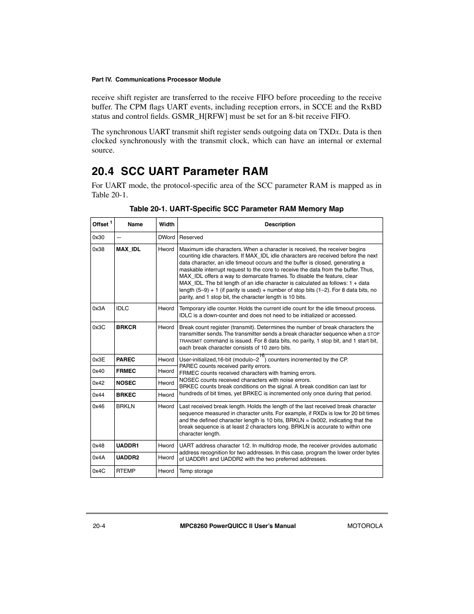 4 scc uart parameter ram, Scc uart parameter ram -4, Uart-specific scc parameter ram memory map -4 | Motorola MPC8260 User Manual | Page 588 / 1006