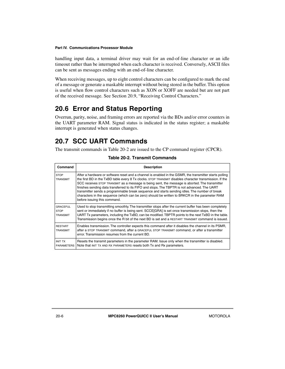 6 error and status reporting, 7 scc uart commands, Error and status reporting -6 | Scc uart commands -6, Transmit commands -6 | Motorola MPC8260 User Manual | Page 590 / 1006