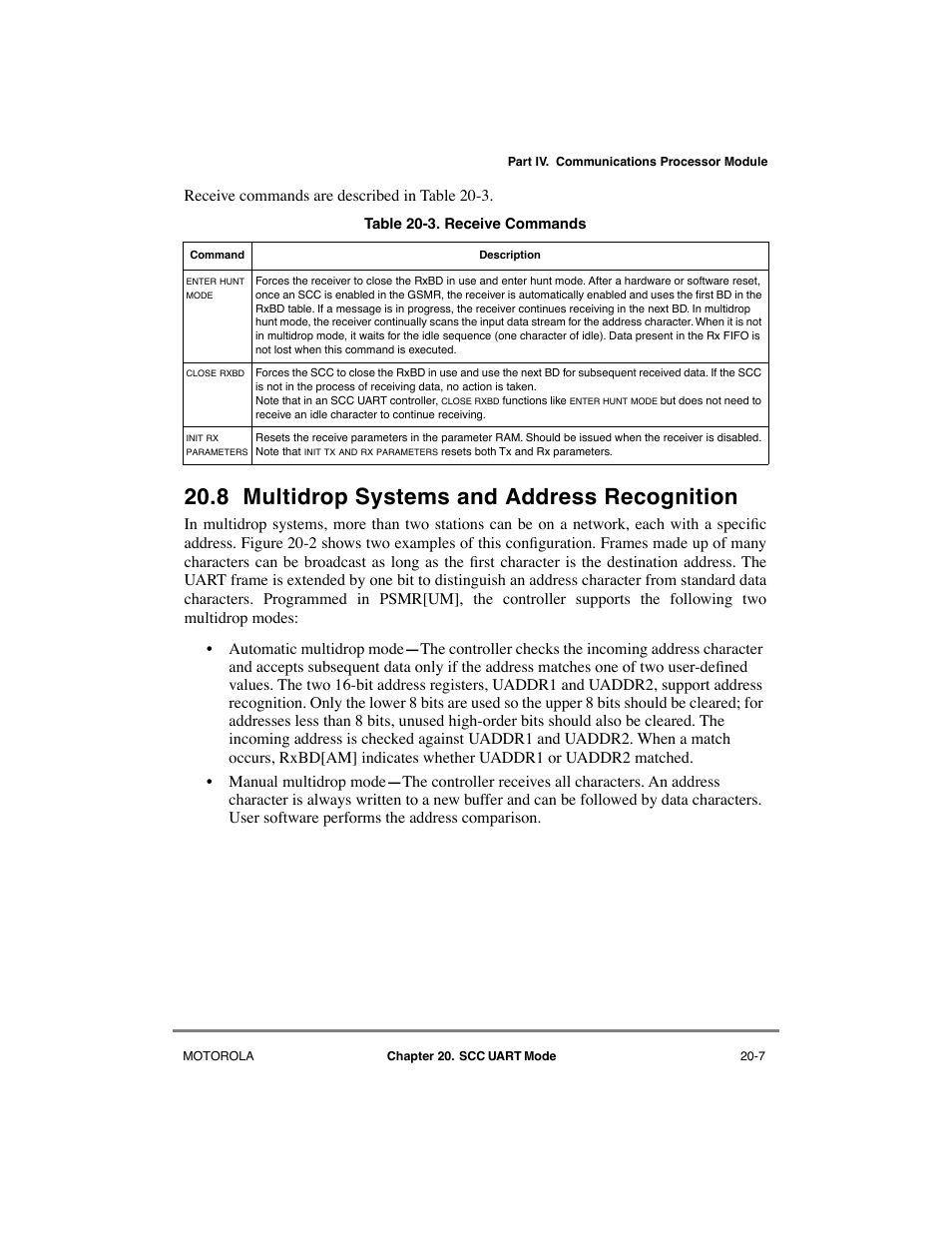 8 multidrop systems and address recognition, Multidrop systems and address recognition -7, Receive commands -7 | Receive commands are described in table 20-3 | Motorola MPC8260 User Manual | Page 591 / 1006