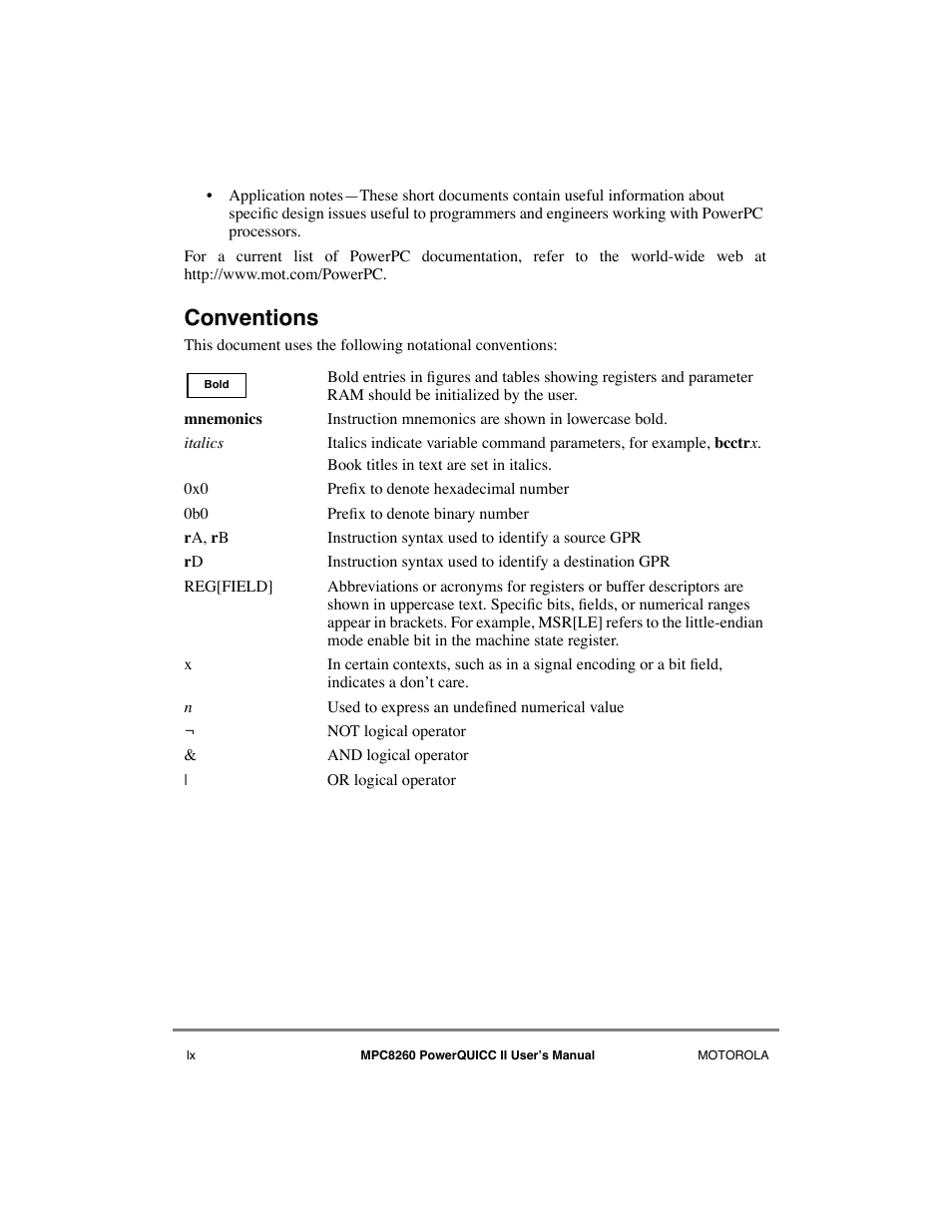 Conventions | Motorola MPC8260 User Manual | Page 60 / 1006
