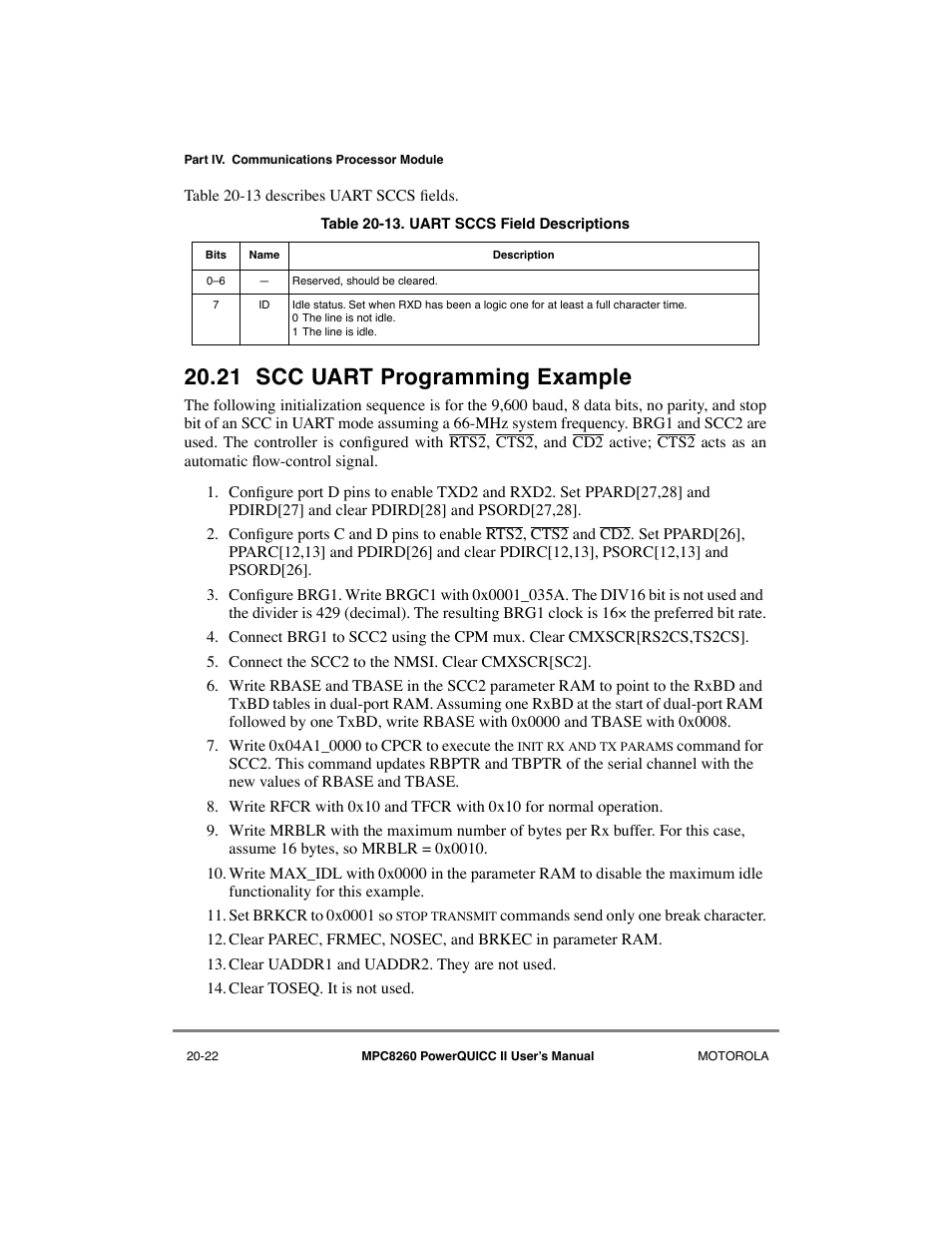 21 scc uart programming example, Scc uart programming example -22, Uart sccs field descriptions -22 | Motorola MPC8260 User Manual | Page 606 / 1006