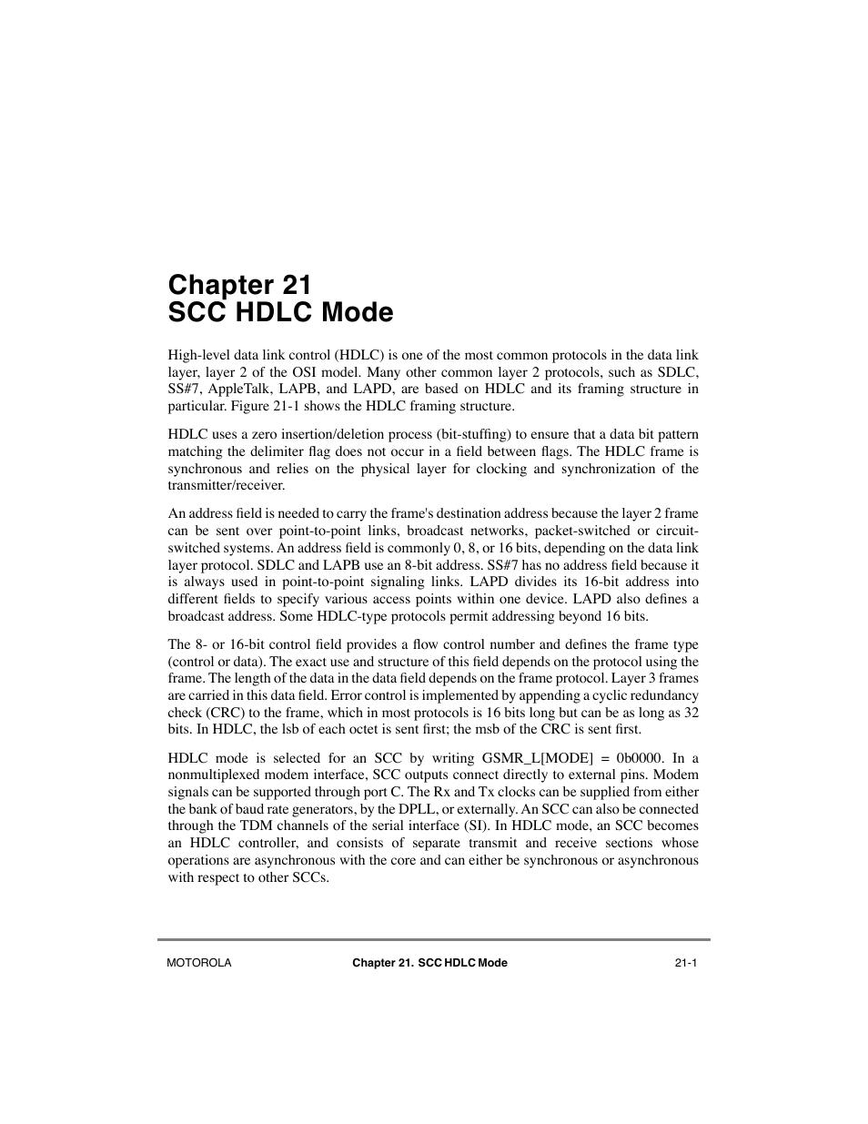 Chapter21 scc hdlc mode, Chapter 21, Scc hdlc mode | Chapter 21, òscc hdlc mode, Us, described in chapter 21, òscc hdlc mode, Chapter 21 scc hdlc mode | Motorola MPC8260 User Manual | Page 609 / 1006