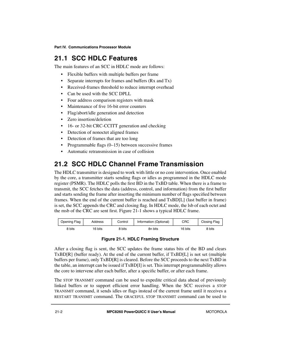 1 scc hdlc features, 2 scc hdlc channel frame transmission, Scc hdlc features -2 | Scc hdlc channel frame transmission -2, Hdlc framing structure -2 | Motorola MPC8260 User Manual | Page 610 / 1006