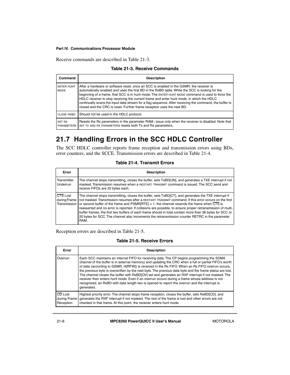 7 handling errors in the scc hdlc controller, Handling errors in the scc hdlc controller -6, Receive commands -6 | Transmit errors -6, Receive errors -6, Receive commands are described in table 21-3 | Motorola MPC8260 User Manual | Page 614 / 1006