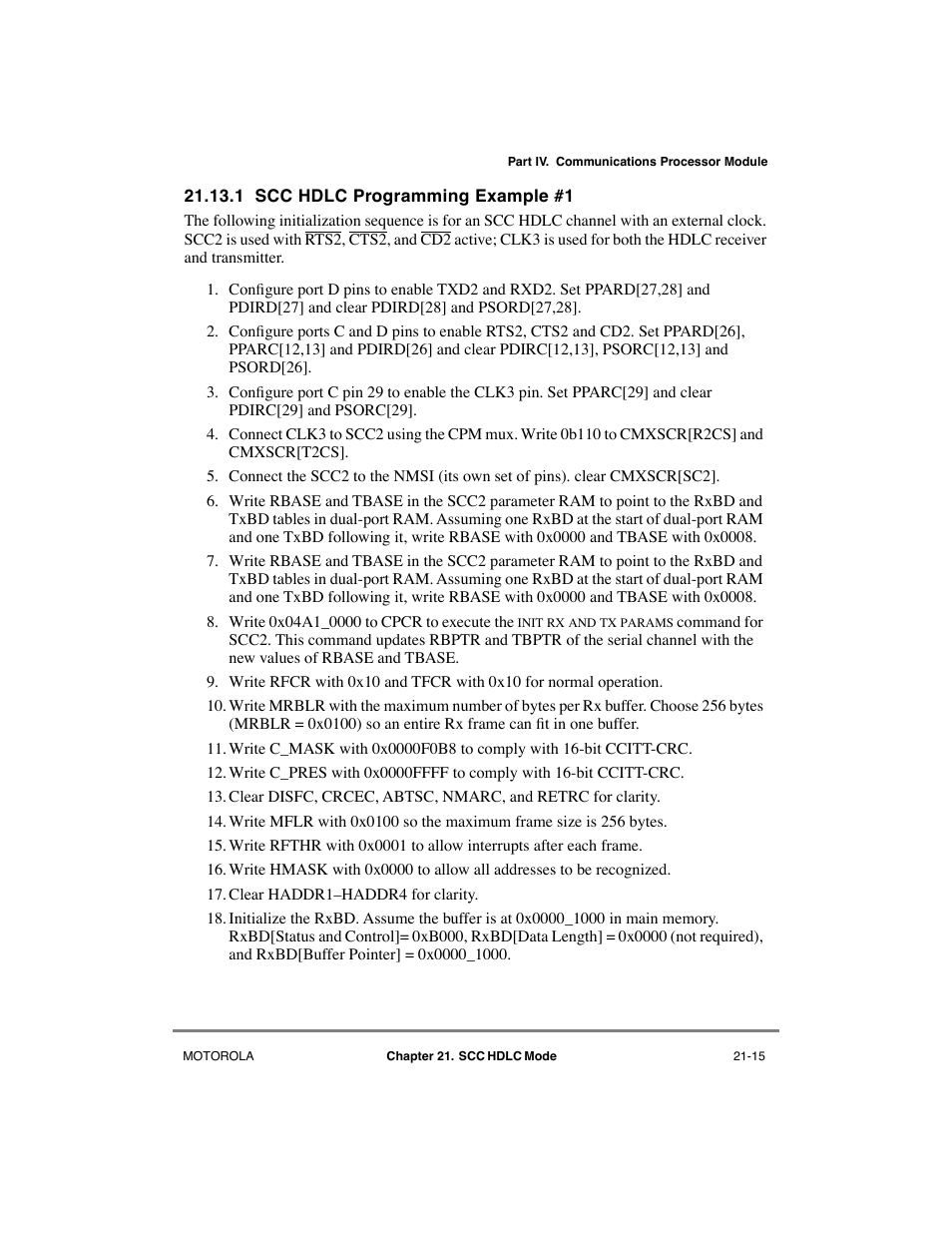1 scc hdlc programming example #1, Scc hdlc programming example #1 -15 | Motorola MPC8260 User Manual | Page 623 / 1006