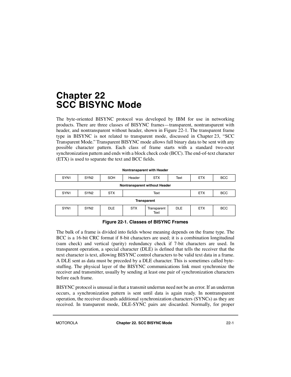 Chapter22 scc bisync mode, Chapter 22, Scc bisync mode | Classes of bisync frames -1, Chapter 22, òscc bisync mode, Bisync, described in chapter 22, òscc bisync mode, Chapter 22 scc bisync mode | Motorola MPC8260 User Manual | Page 633 / 1006