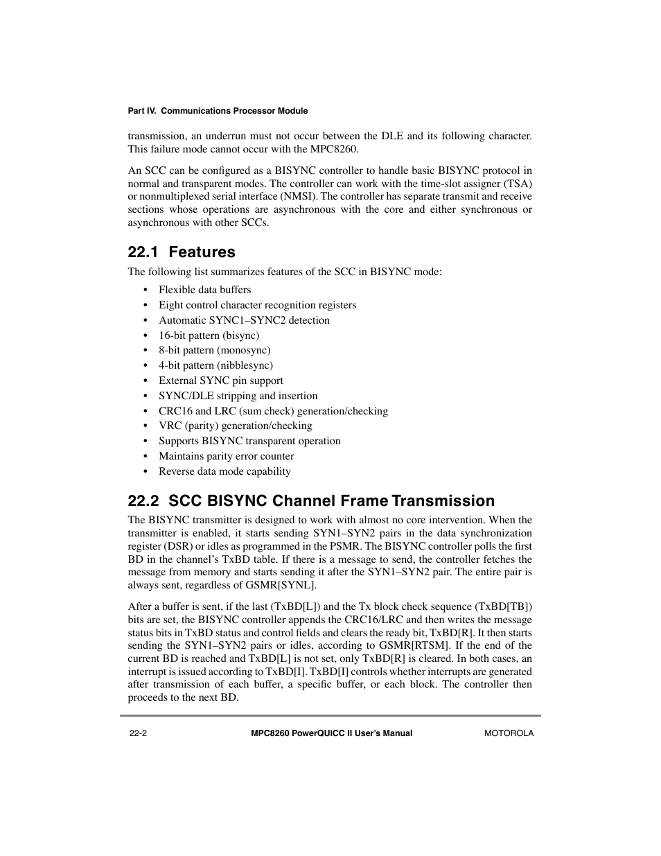 1 features, 2 scc bisync channel frame transmission, Features -2 | Scc bisync channel frame transmission -2 | Motorola MPC8260 User Manual | Page 634 / 1006