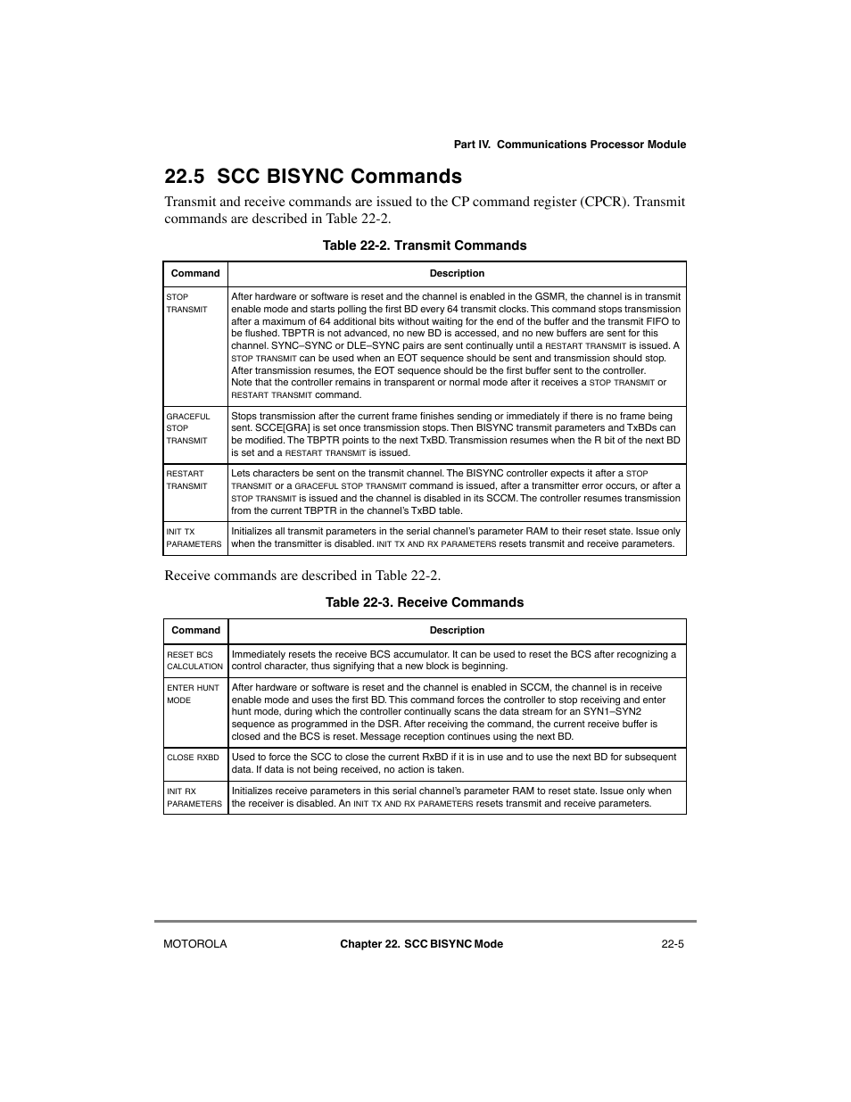 5 scc bisync commands, Scc bisync commands -5, Transmit commands -5 | Receive commands -5, Table 22-2. transmit commands, Table 22-3. receive commands | Motorola MPC8260 User Manual | Page 637 / 1006