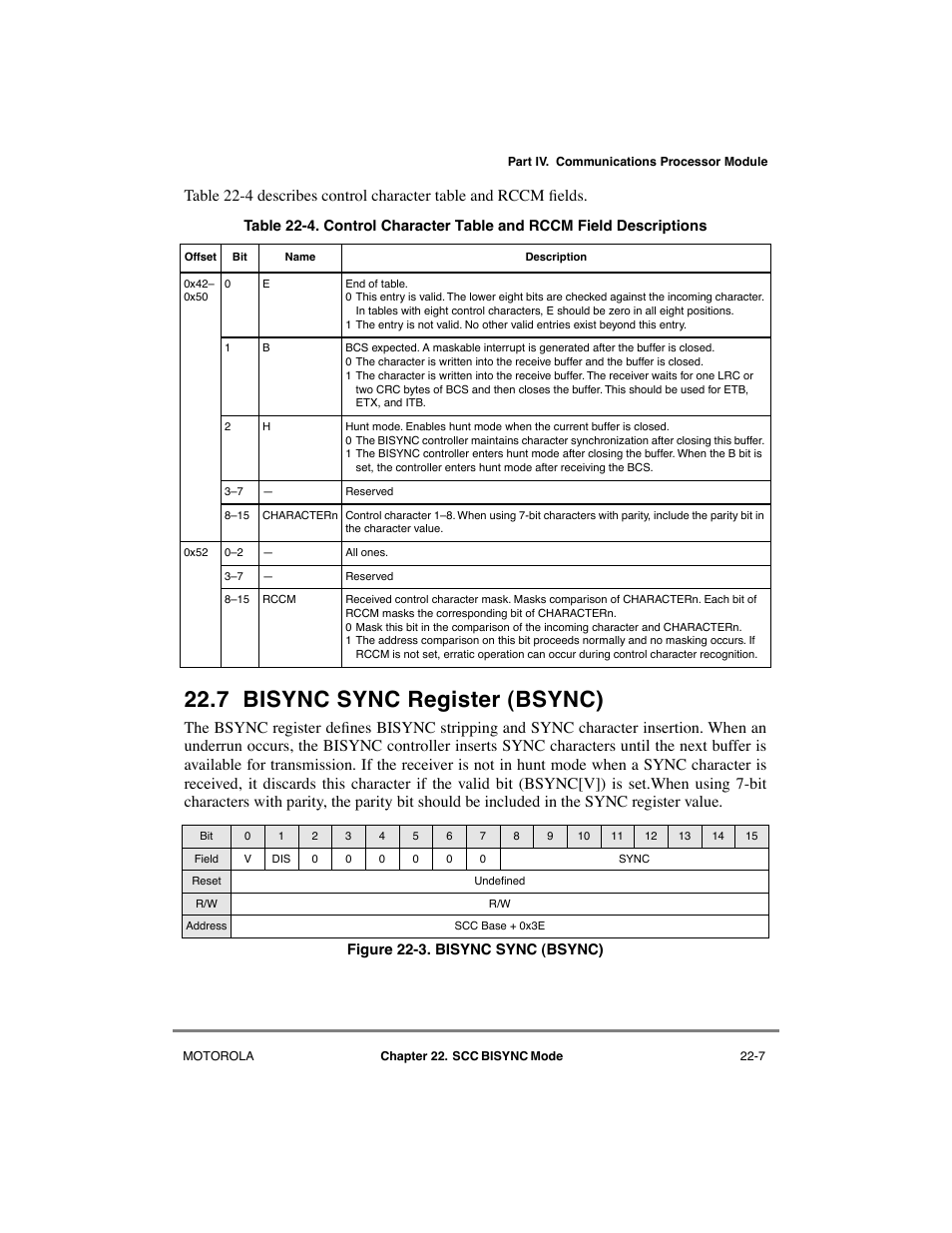 7 bisync sync register (bsync), Bisync sync register (bsync) -7, Bisync sync (bsync) -7 | See section 22.7, òbisync sync register (bsync) | Motorola MPC8260 User Manual | Page 639 / 1006