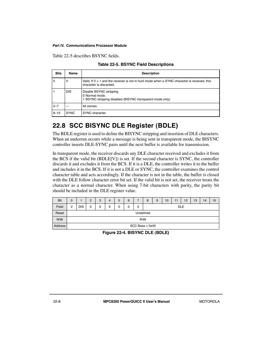 8 scc bisync dle register (bdle), Scc bisync dle register (bdle) -8, Bisync dle (bdle) -8 | Bsync field descriptions -8, See section 22.8, òscc bisync dle register (bdle), Table 22-5 describes bsync þelds | Motorola MPC8260 User Manual | Page 640 / 1006