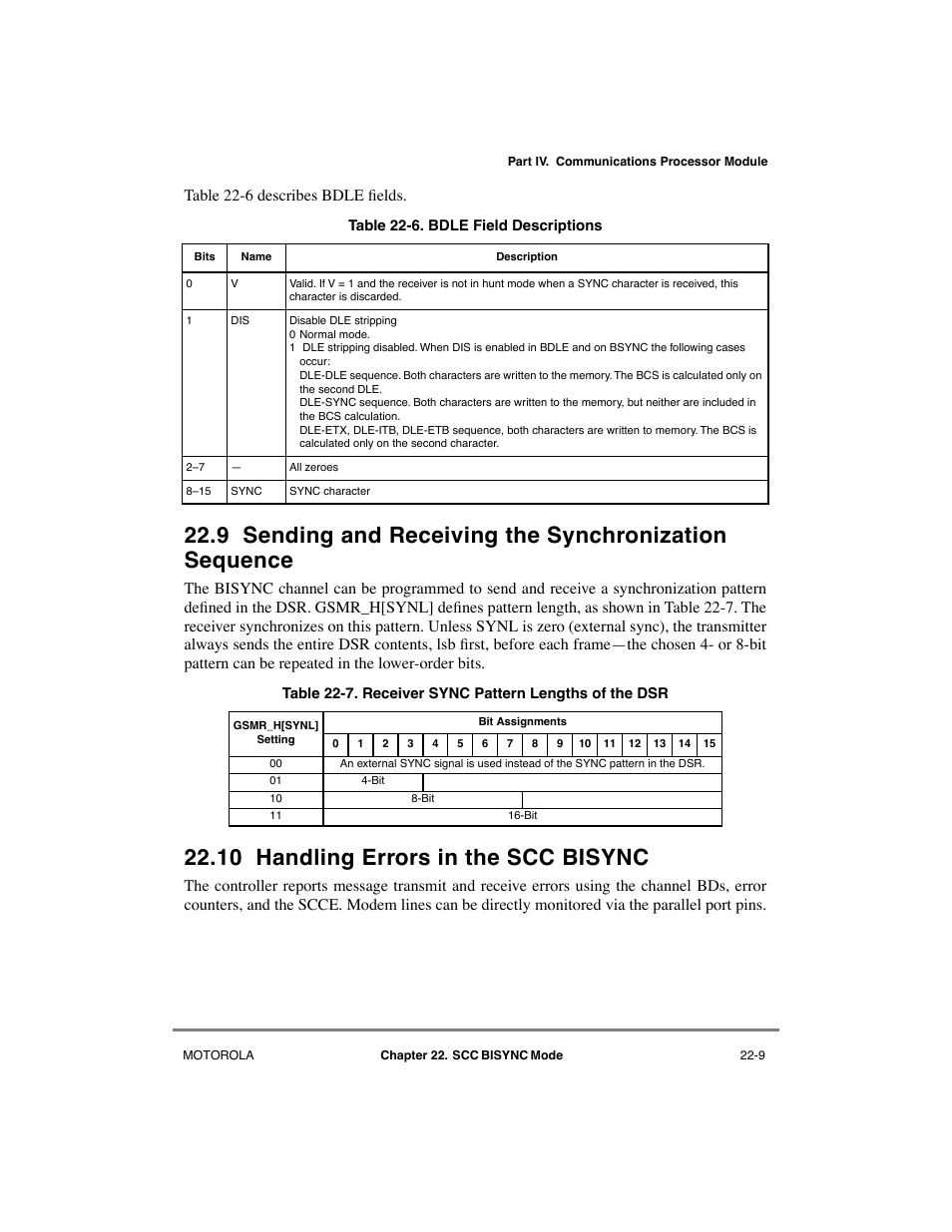10 handling errors in the scc bisync, Handling errors in the scc bisync -9, Bdle field descriptions -9 | Smce/smcm field descriptions -28, Table 22-6 describes bdle þelds | Motorola MPC8260 User Manual | Page 641 / 1006