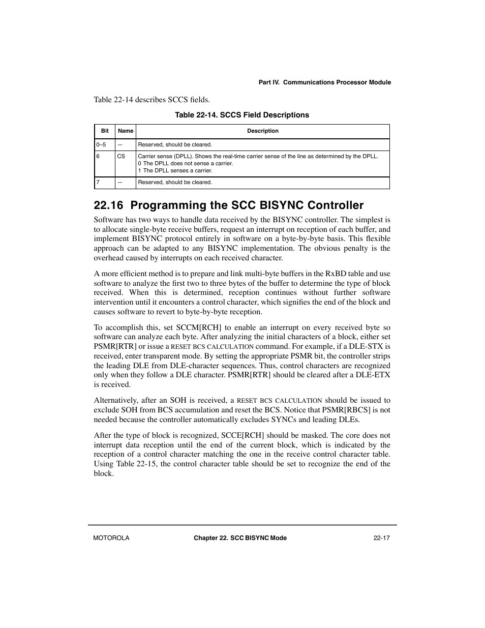 16 programming the scc bisync controller, Programming the scc bisync controller -17, Sccs field descriptions -17 | Motorola MPC8260 User Manual | Page 649 / 1006