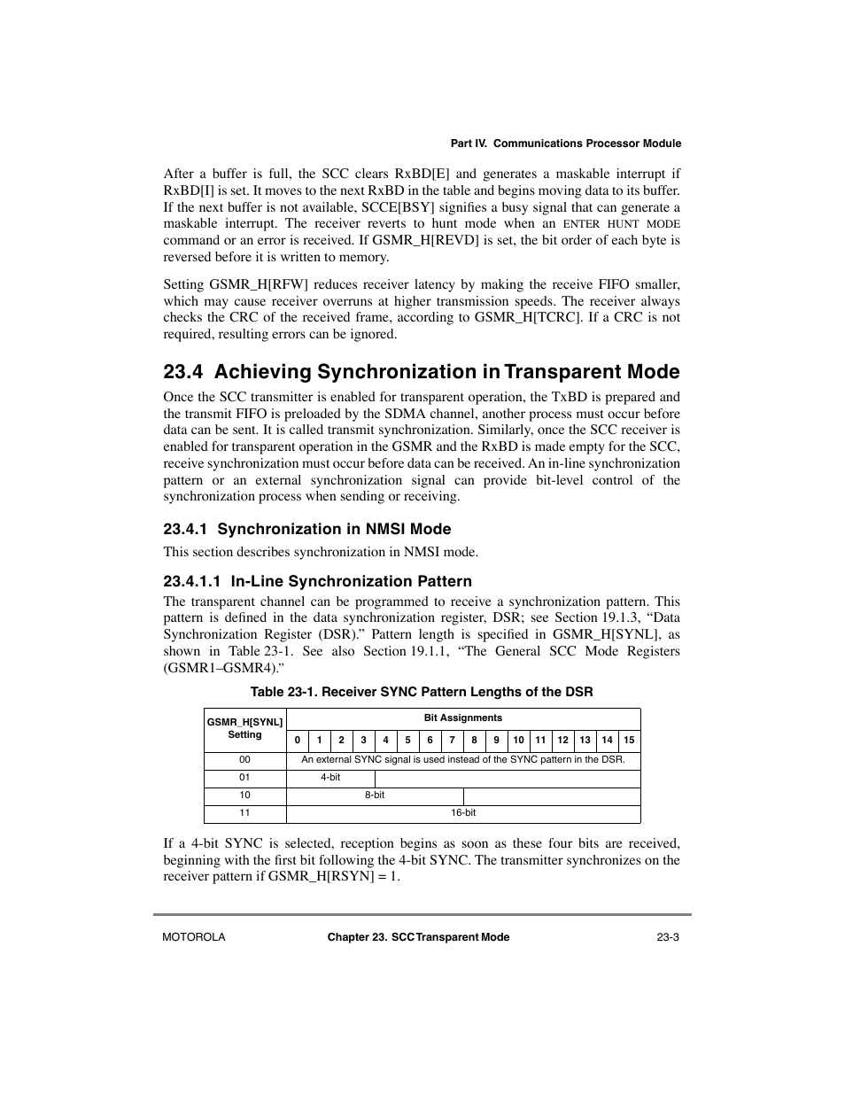 4 achieving synchronization in transparent mode, 1 synchronization in nmsi mode, 1 in-line synchronization pattern | Achieving synchronization in transparent mode -3, Synchronization in nmsi mode -3, In-line synchronization pattern -3, Receiver sync pattern lengths of the dsr -3 | Motorola MPC8260 User Manual | Page 655 / 1006