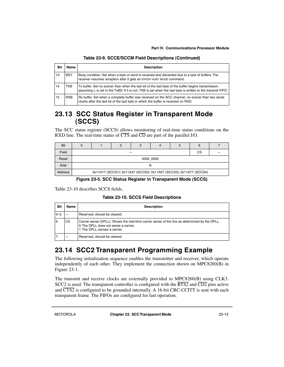 13 scc status register in transparent mode (sccs), 14 scc2 transparent programming example, Scc status register in transparent mode (sccs) -13 | Scc2 transparent programming example -13, Sccs field descriptions -13, 13/23-13 (t | Motorola MPC8260 User Manual | Page 665 / 1006