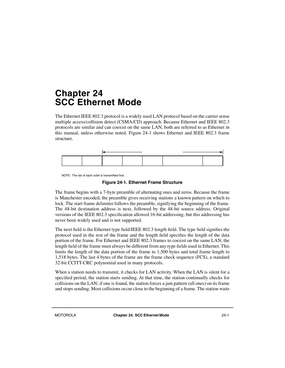 Chapter24 scc ethernet mode, Chapter 24, Scc ethernet mode | Ethernet frame structure -1, Chapter 24, òscc ethernet mode, Chapter 24 scc ethernet mode | Motorola MPC8260 User Manual | Page 669 / 1006