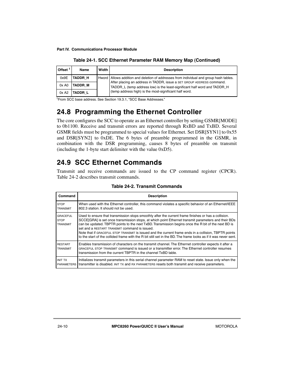 8 programming the ethernet controller, 9 scc ethernet commands, Programming the ethernet controller -10 | Scc ethernet commands -10, Transmit commands -10, Table 24-2. transmit commands | Motorola MPC8260 User Manual | Page 678 / 1006