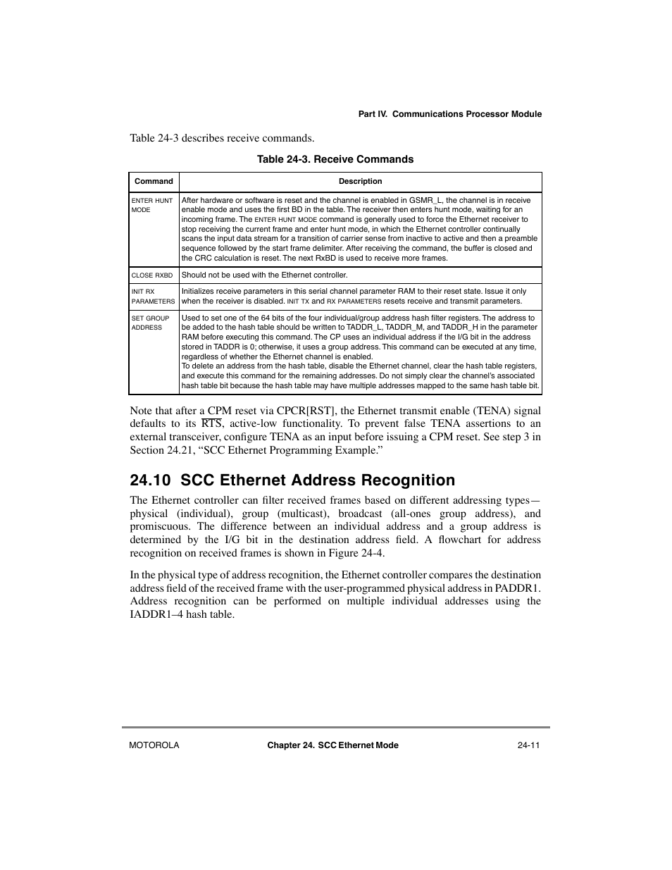 10 scc ethernet address recognition, Scc ethernet address recognition -11, Receive commands -11 | Motorola MPC8260 User Manual | Page 679 / 1006