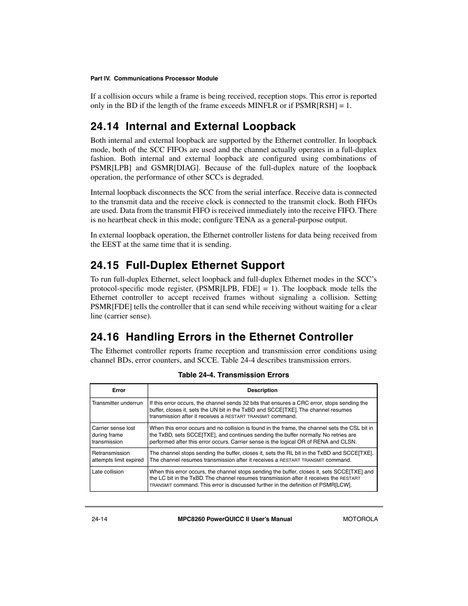 14 internal and external loopback, 15 full-duplex ethernet support, 16 handling errors in the ethernet controller | Internal and external loopback -14, Full-duplex ethernet support -14, Handling errors in the ethernet controller -14, Transmission errors -14 | Motorola MPC8260 User Manual | Page 682 / 1006